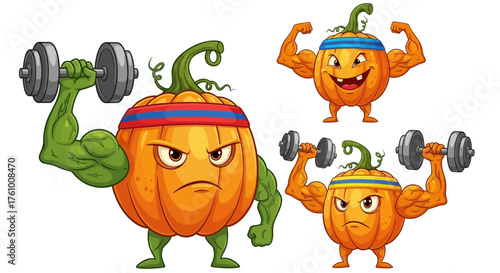 Funny cartoon pumpkins lifting weights showing off their muscles on a white background