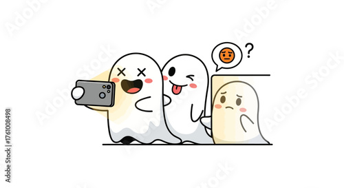 Playful Ghostly Selfies A Halloween-Themed Illustration Depicting Fun and Emotion in a Minimalist Style