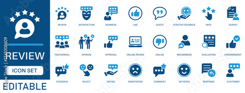 Review icon set. featuring feedback, rating, testimonial, satisfaction, comment, opinion, like, customer, Survey, Response, Positive Feedback, recommend and more. perfect for Vector icon collection.