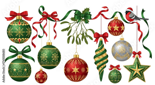 Elegant Christmas ornaments with ribbons and mistletoe for festive holiday cheer, perfect for seasonal decorating and celebrations