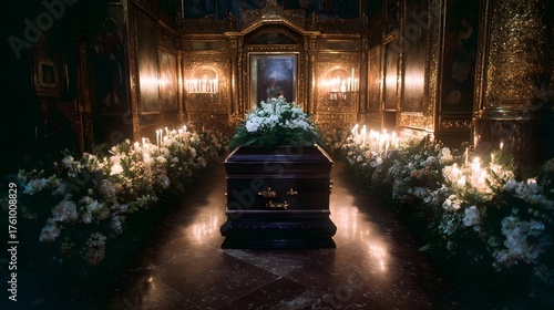 Solemn funeral ceremony with a flower adorned casket and illuminated candles in an ornate church interior