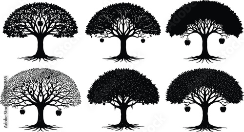 Black tree silhouettes, hanging fruit trees, botanical vector art, forest icons, nature illustration, symmetrical foliage, seasonal tree design, minimalist woodland graphics, rustic decor