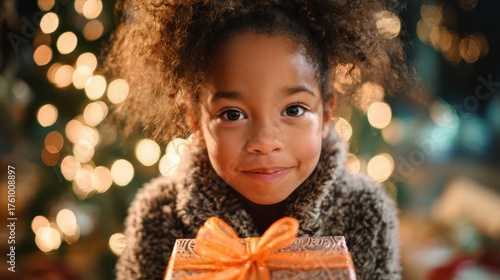 Close-up portrait of smiling afro American girl, 5–7 years, in cozy faux-fur jacket holding Christmas gift. golden tree lights bokeh, indoor winter holiday scene, shallow depth of field. Copy space
