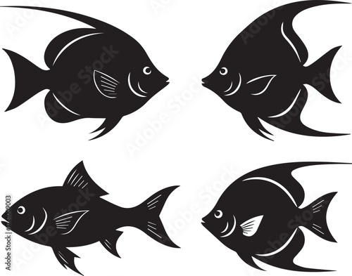 Elegant tropical fish silhouettes swimming together in black and white design