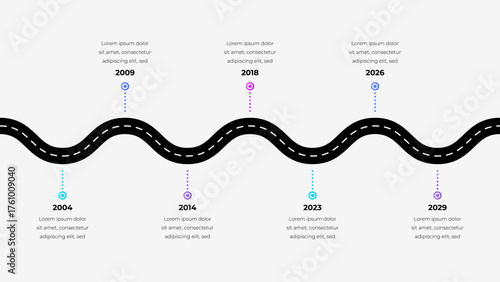 Black road curves across a light background, with annual milestones marked by colored dots and brief captions. Ideal for timeline, progress, and history visuals in presentations.