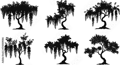 Stylized tree silhouettes, botanical vector trees, hanging foliage design, twisted trunk illustration, nature graphics, black tree art, landscape decor, artistic forest shapes