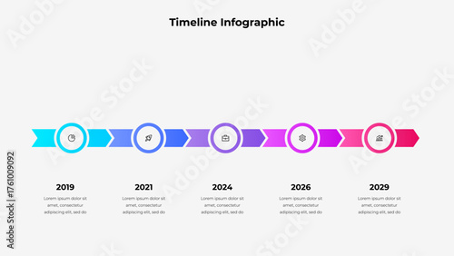 Horizontal timeline infographic highlighting key milestones across five years. Perfect for business presentations and reports, illustrating progress, planning, and growth.