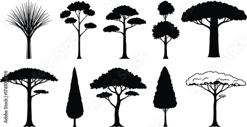 Tree silhouette collection, botanical vector trees, forest shapes, nature icons, foliage design, landscape illustration, black tree graphics, minimalist woodland art, seasonal decor