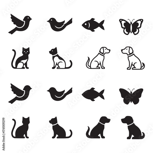 Set and bundle silhouette art vector design vector art of collection of animal silhouettes, including birds, fish, butterflies, cats, and dogs, offering a versatile set for various design applications