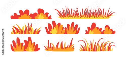 Autumn bush grass, fall forest tree and plant, cartoon garden icon. Park, leaf, lawn. Meadow and landscape, red and orange field, cute foliage set isolated on white bg. Nature vector illustration