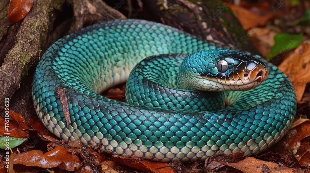 Fototapeta premium Green Anaconda Coiled on Forest Floor in a Detailed Close Up