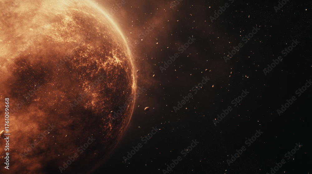 Fototapeta premium Prehistoric Earth in the era of asteroid bombardment from space and the emergence of life on the planet's surface