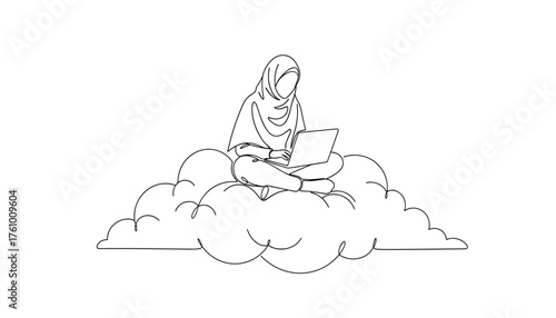 Continuous Line Vector Drawing of Muslim Woman in Hijab Sitting on Cloud Using Laptop: Cloud Computing and Remote Work