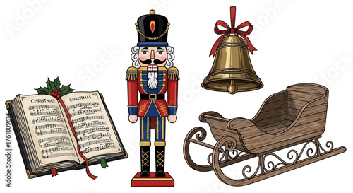 Festive Christmas cheer featuring a classic nutcracker, golden bell, antique sleigh, and vintage Christmas songbook conveying the holiday spirit