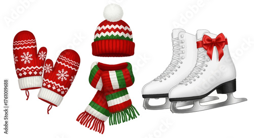 Get ready for winter fun with this cozy hat, scarf, mittens and ice skates, perfect for holiday cards, seasonal promotions, or festive illustrations
