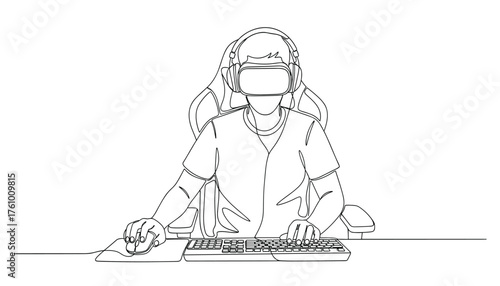 Gamer wearing vr headset playing video game on computer, sitting in gaming chair 