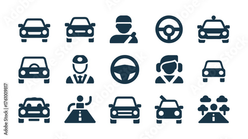 Car and Driver Icon Set – Transportation, Taxi, and Automotive Vector Design
