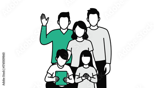 A diverse family of four, including parents and two children, posing together and isolated on a 