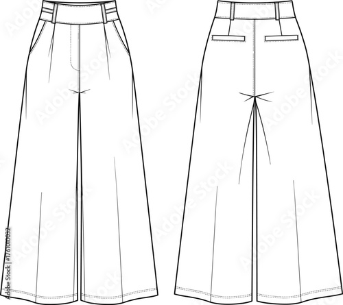 Wide-leg trousers fashion sketch, high waist design, technical garment drawing, apparel template, vector illustration, clothing construction, tailored fit, front and back view