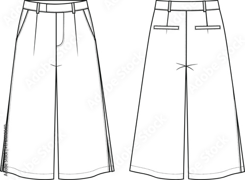 Wide-leg trousers fashion sketch, high waist design, flap welt pockets, technical garment drawing, apparel template, vector illustration, clothing construction