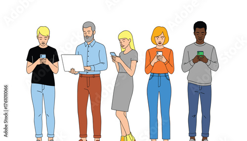 Diverse group of people of different ages and ethnicities using smartphones and a laptop 