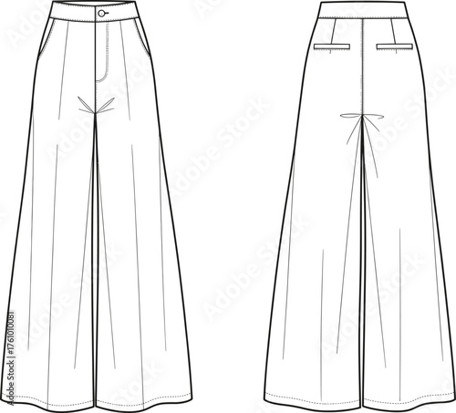 Wide-leg trousers technical flat sketch, front and back view, fashion design template, pleated silhouette, welt pockets, drawstring back, high waist illustration