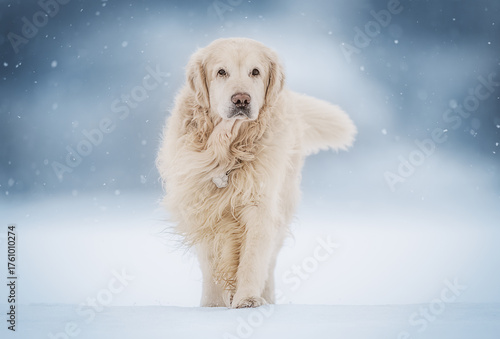 Golden retriever running through snowy landscape, magical winter scene with falling snow.