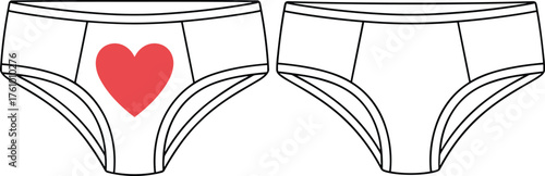 Women’s underwear fashion flat, red heart print and plain white bikini styles, front view garment sketch illustration for design comparison