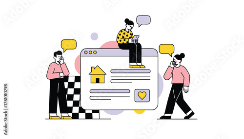 Illustration of people interacting with a website interface, featuring a house icon and a heart icon 