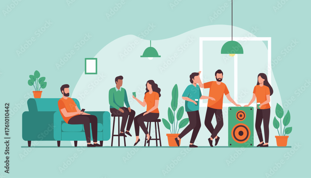 Naklejka premium Casual Social Gathering: Diverse Young Adults Having a House Party with Music and Friends. 