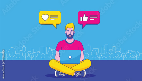 Man sitting crosslegged with a laptop, receiving likes and hearts from social media notifications, representing online engagement and digital communication 