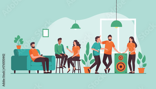 Casual Social Gathering: Diverse Young Adults Having a House Party with Music and Friends. 