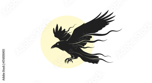 Raven in Flight - Silhouette Against a Pale Moon.