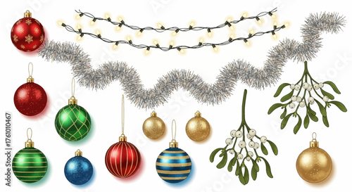 Get festive with shiny Christmas ornaments, twinkling lights, and silver tinsel garland for magical holiday designs and cheerful seasonal projects