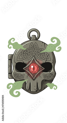 Skull Locket with Red Eye and Green Smoke Illustration.