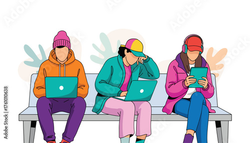 Three young people sitting on a bench, each engrossed in their own digital device 