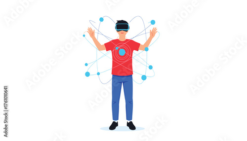 Virtual Reality Interaction: Man in VR Headset Engaged in a Digital, Atomic Environment 