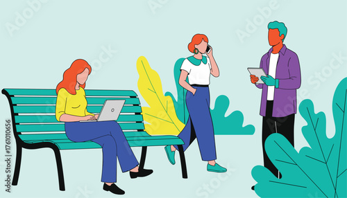 Diverse group of people interacting in a park setting, with one person working on a laptop, another talking on the phone, and a third looking at a tablet, surrounded by stylized foliage 