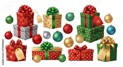 Colorful Christmas presents and ornaments create a festive mood perfect for holiday promotions and seasonal designs, inviting joy and gift-giving spirit