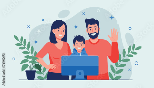 A happy family of three, parents and a child, waving at a computer screen, representing video calls and online communication 