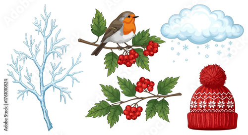 Charming winter scene with robin perched on berry branch, snowy cloud, icy tree, and cozy red knit hat, perfect for holiday greetings and seasonal designs