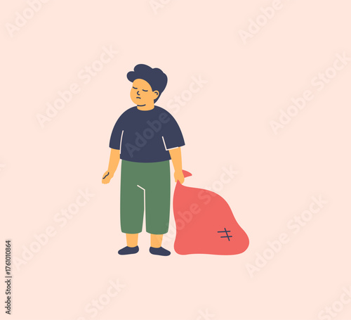 poor child boy in dirty clothes holds trash bag working on the street. Children labor and poverty concept. vector illustration