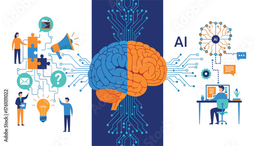 Conceptual illustration of artificial intelligence and human creativity, with a split brain symbolizing the connection between ai and human thought processes