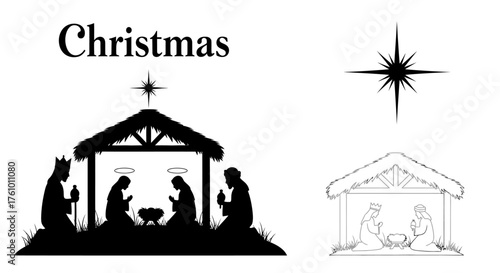 Classic Christmas nativity scene showcasing baby Jesus, Mary, Joseph, and the guiding star, perfect for holiday cards and seasonal promotions, black and white