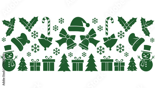 Christmas Holiday Pattern: Green Silhouette Icons of Snowmen, Gifts, and Holly 