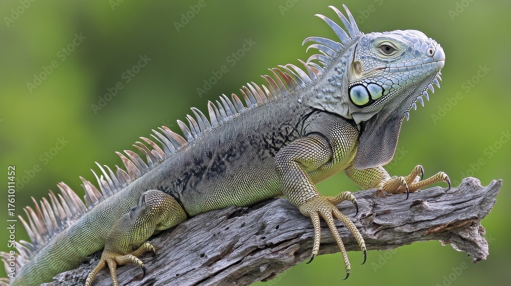 Fototapeta premium Green Iguana basking on a branch in natural habitat