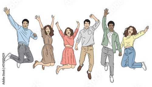 Vector art of a diverse group of six young adults, men and women, joyfully jumping in the air with arms raised 
