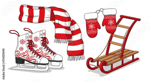Embrace the winter fun with this adorable illustration of ice skates, mittens, sled, and scarf, perfect for holiday promotions and seasonal greetings