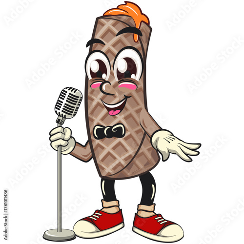 wafer roll snack mascot cartoon character on front of the mic become a stand up comedian, vector clipart of sweet crunchy dessert food for bakery and cafe branding, work of hand drawn