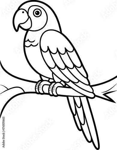 Colorful Parrot Bird Coloring Page Vector Illustration for Children Tropical Animal Worksheet